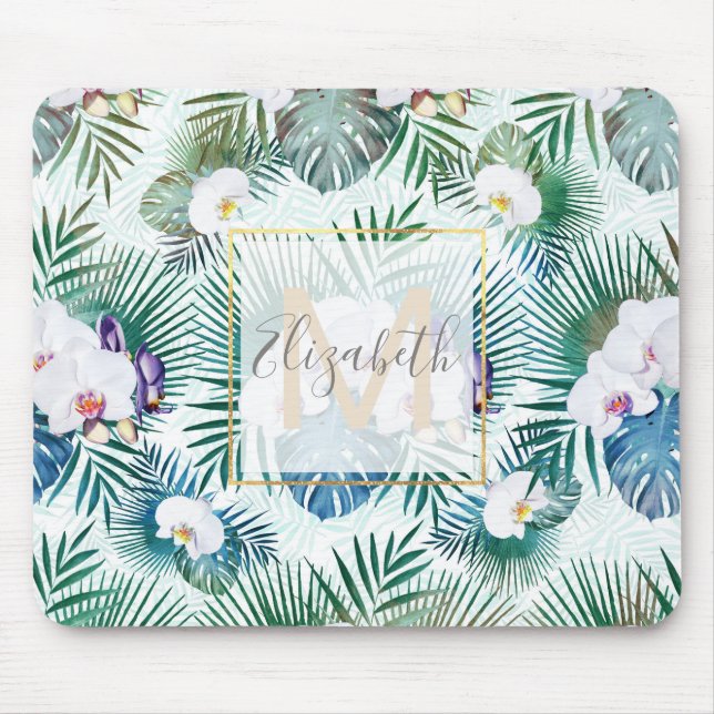 Tapis De Souris Feuilles tropicaux et fleurs d'orchidées (Devant)