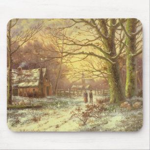 Tapis De Souris Figures sur un chemin avant un village en hiver