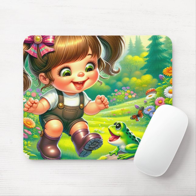 Tapis De Souris Fille aux grands yeux et grenouille verte (Avec souris)