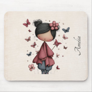 Tapis De Souris Fille avec baguette magique et papillons Mignonne