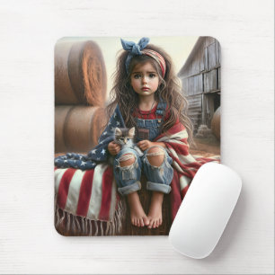 Tapis De Souris Fille Avec Drapeau Américain Et Kitten