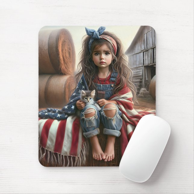 Tapis De Souris Fille Avec Drapeau Américain Et Kitten (Avec souris)