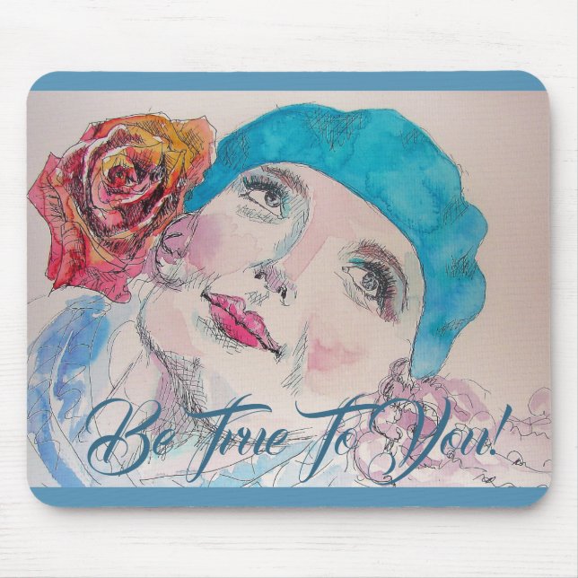 Tapis De Souris Fille Avec Rose Rouge Beret Soyez Véritable Mouse  (Devant)