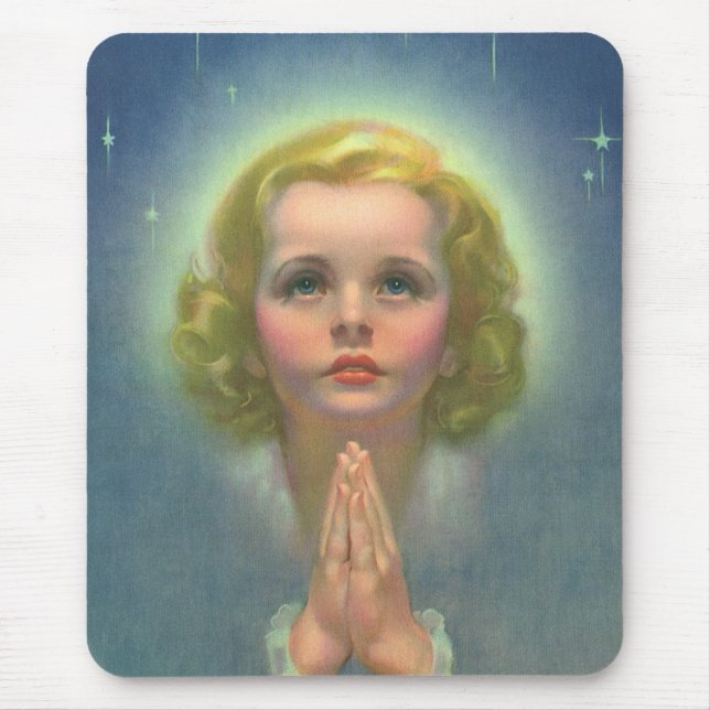 Tapis De Souris Fille blonde angélique avec halo et étoiles priant (Devant)