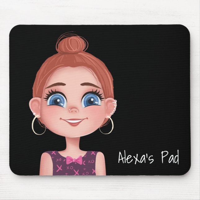 Tapis De Souris Fille caricaturale aux grands yeux sur le noir (Devant)