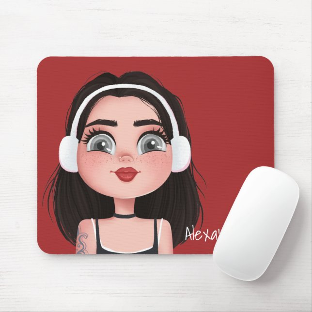 Tapis De Souris Fille de dessin avec casque en rouge (Avec souris)