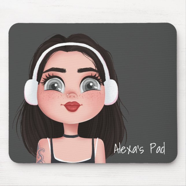 Tapis De Souris Fille de dessin avec casque sur gris (Devant)