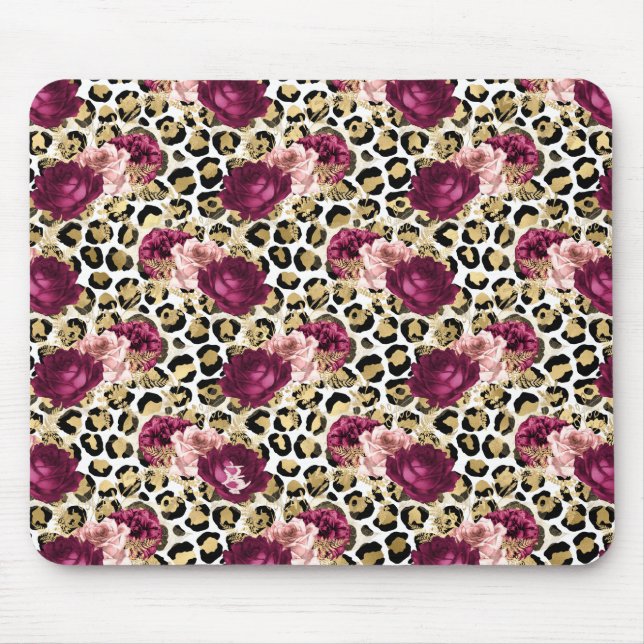 Tapis De Souris Fille Empreinte de léopard Floral rose or (Devant)