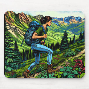 Tapis De Souris Fille en randonnée avec sac à dos sur le sentier