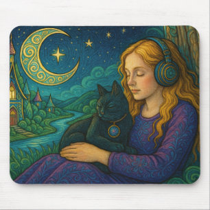 Tapis De Souris Fille Fantaisiste avec Chat Noir sous Croissant de