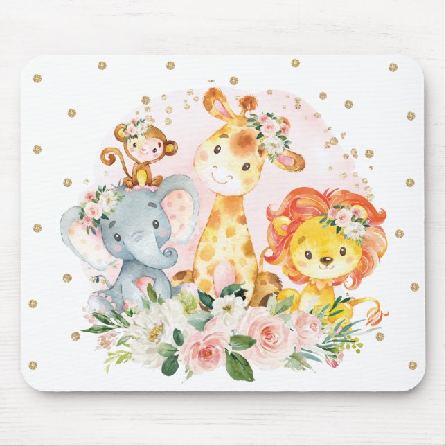 Tapis De Souris Fille Jungle Safari Animaux Blush Gold Flowers (Devant)