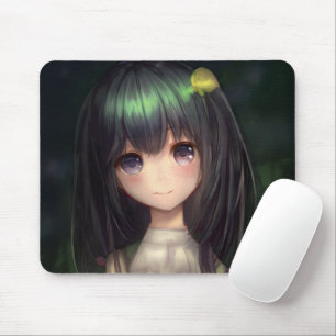 Tapis De Souris Fille Manga Mignonne aux Cheveux Noirs et Verts Wa