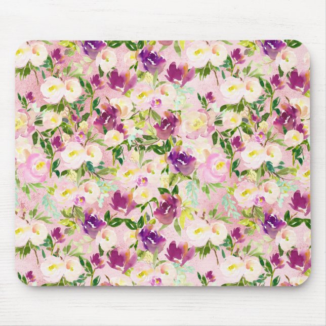 Tapis De Souris Fille Rose Peach Purple Burgundy Aquarelle Florale (Devant)