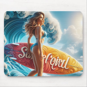 Tapis De Souris Fille surfeuse confiante marchant sur les vagues d