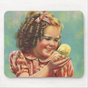 Tapis De Souris Fille vintage avec poussin, enfant heureux sourian