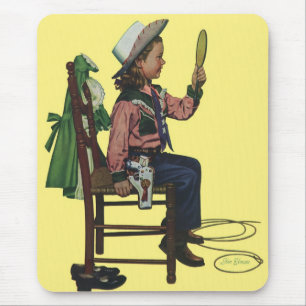 Tapis De Souris Fille Vintage Cowgirl regardant dans un miroir Ell