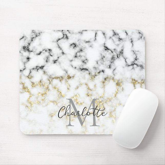 Tapis De Souris Flacon brillant en marbre noir et blanc Monogramme (Avec souris)