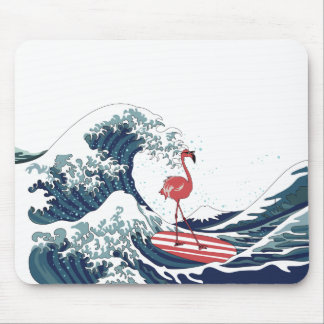 Tapis De Souris Flamant rose à vagues bleues surfant sans texte