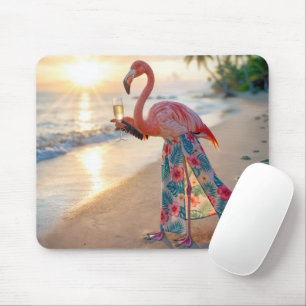 Tapis De Souris Flamant rose dans une jupe tenant une flûte à cham