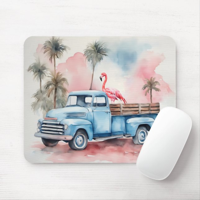 Tapis De Souris Flamant rose En Camion Bleu Rétro (Avec souris)