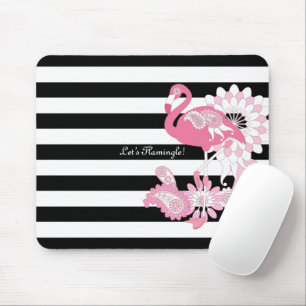 Tapis De Souris Flamant Rose Fantaisiste Rayures Noires et Blanche