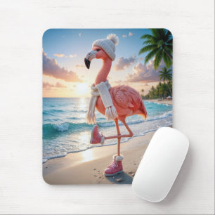 Tapis De Souris Flamant Rose Portant des Bottes et une Écharpe d'H