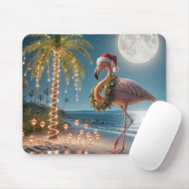 Tapis De Souris Flamant rose portant une couronne de Noël (Avec souris)