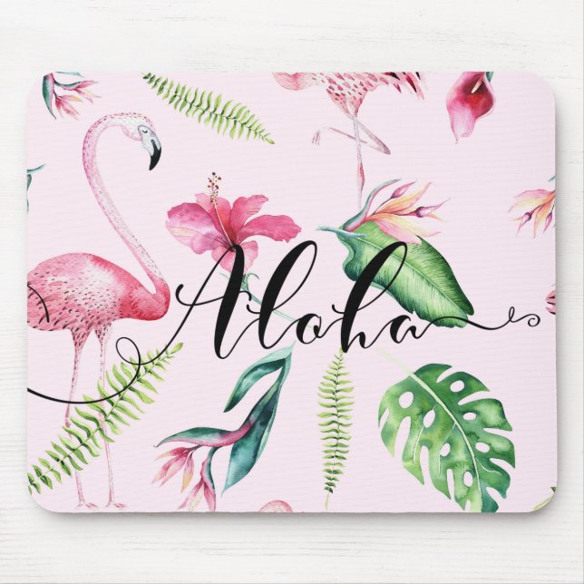 Tapis De Souris Flamant rose rose Hibiscus tropical Aloha floral (Devant)