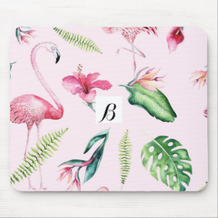 Tapis De Souris Flamant rose rose Hibiscus tropical Plaisir floral
