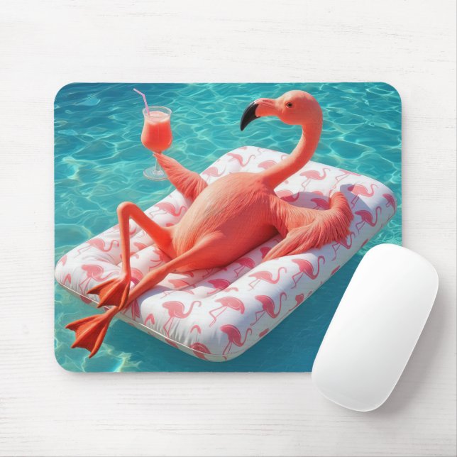 Tapis De Souris Flamant rose se détendant sur un matelas de piscin (Avec souris)