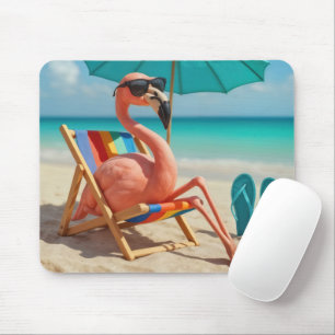 Tapis De Souris Flamant rose Sur Transat De Plage