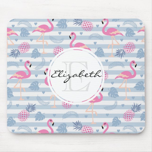 Tapis De Souris Flamant rose Whimsical et ananas Motif Monogramme (Devant)