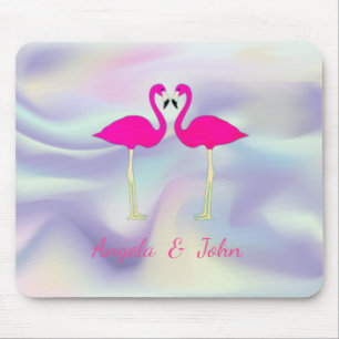 Tapis De Souris Flamants roses roses dans l'amour Holographique