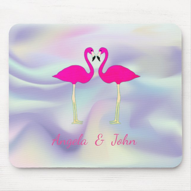 Tapis De Souris Flamants roses roses dans l'amour Holographique (Devant)