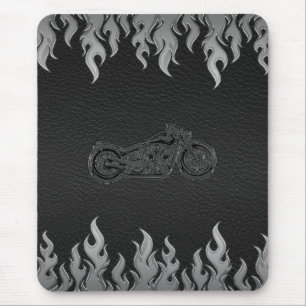 Tapis De Souris Flames en cuir noir en argent Chrome Motorcycle