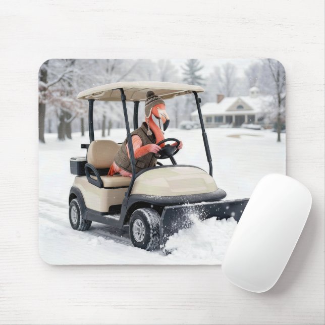 Tapis De Souris Flamingo Driving a Golf Cart With Snowplow (Avec souris)