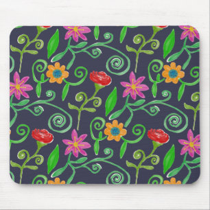 Tapis De Souris Fleur aquarelle fantaisiste bleu marine