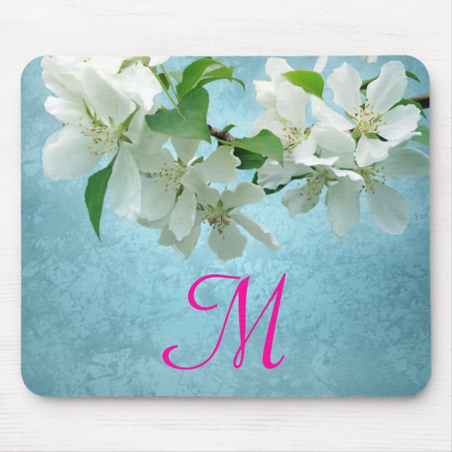 Tapis De Souris Fleur blanche sur le Monogramme bleu Panier initia (Devant)