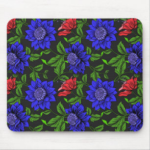Tapis De Souris Fleur bleue et rouge élégante sur fond noir