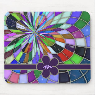 Tapis De Souris Fleur colorée décorée d'un monogramme en verre