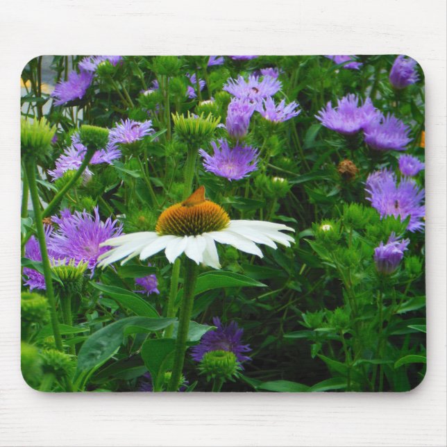 Tapis De Souris Fleur de cône blanc, fleurs pourpres et papillon (Devant)
