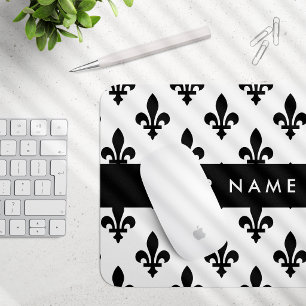 Tapis De Souris Fleur de Lis, Noir sur Blanc, Noir, Votre Nom