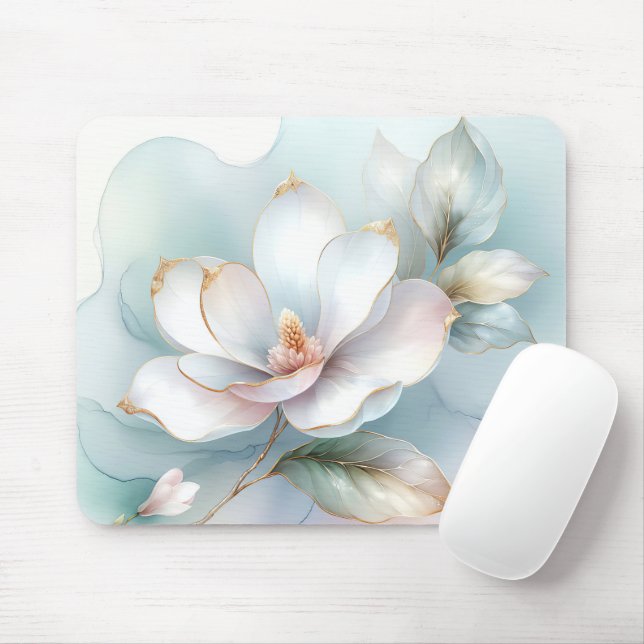Tapis De Souris Fleur Magnolia Blanche À Bord Doré (Avec souris)