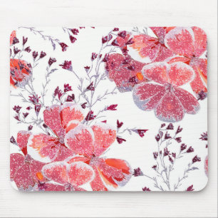 Tapis De Souris Fleur rouge rose sur blanc.