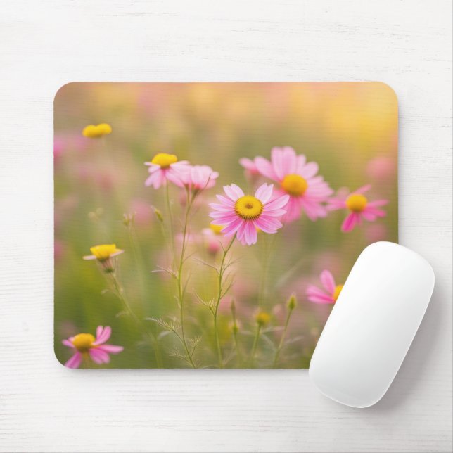 Tapis De Souris Fleur sauvage rose - Champ de marguerite (Avec souris)