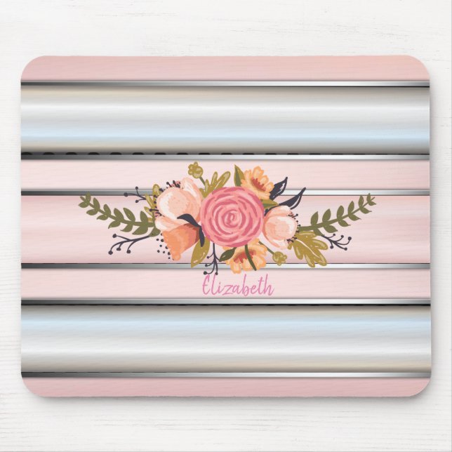 Tapis De Souris Fleurs Aquarelles, Bandes Argent - Personnalisées (Devant)