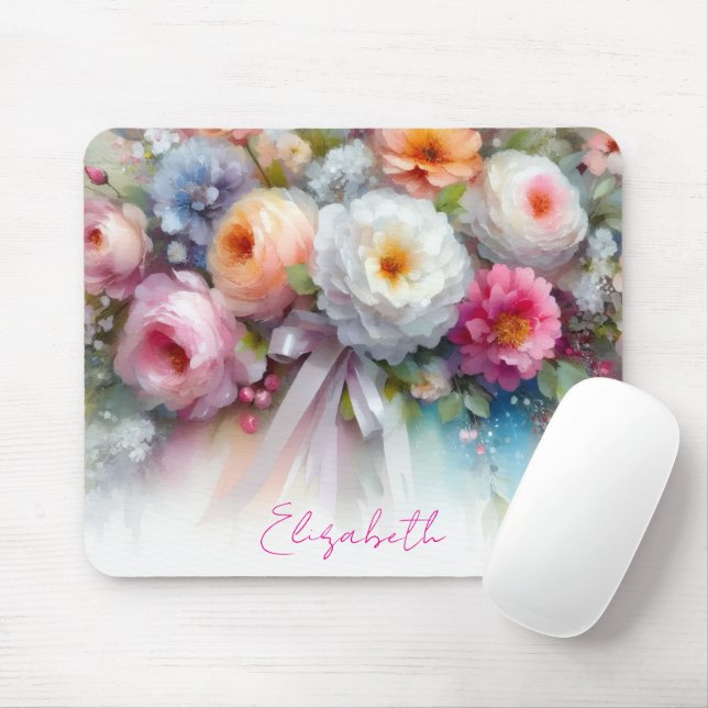 Tapis De Souris Fleurs aquarelles élégantes Votre texte personnali (Avec souris)