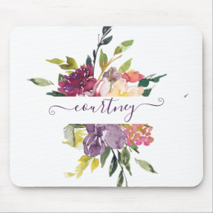 Tapis De Souris Fleurs aquarelles personnalisées violettes et roug