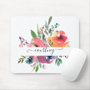 Tapis De Souris Fleurs aquarelles rose et orange personnalisées