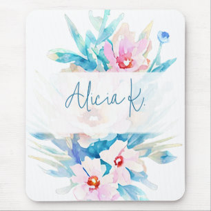 Tapis De Souris Fleurs aquarelles roses et bleues personnalisées